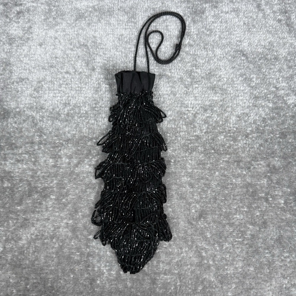 Black Beaded Fringe Wristlet Clutch